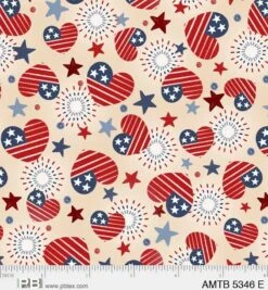 Cream Patriotic Hearts America The Beautiful 44"/45" Fabric Per Yard