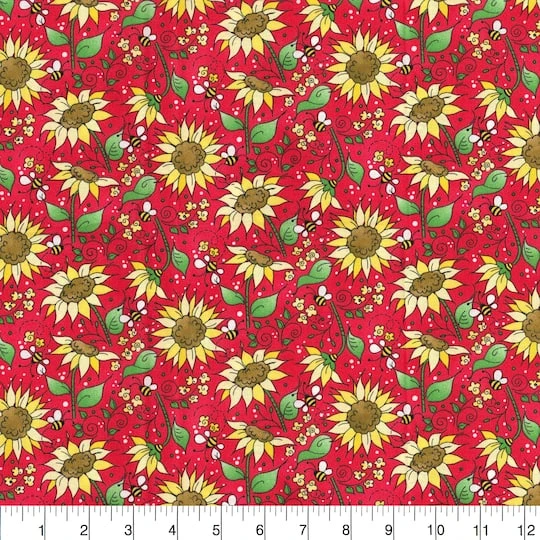 Fabric Traditions Red Sunflowers Cotton Fabric 5 Fabric Traditions Red Sunflowers Cotton Fabric - Image 3