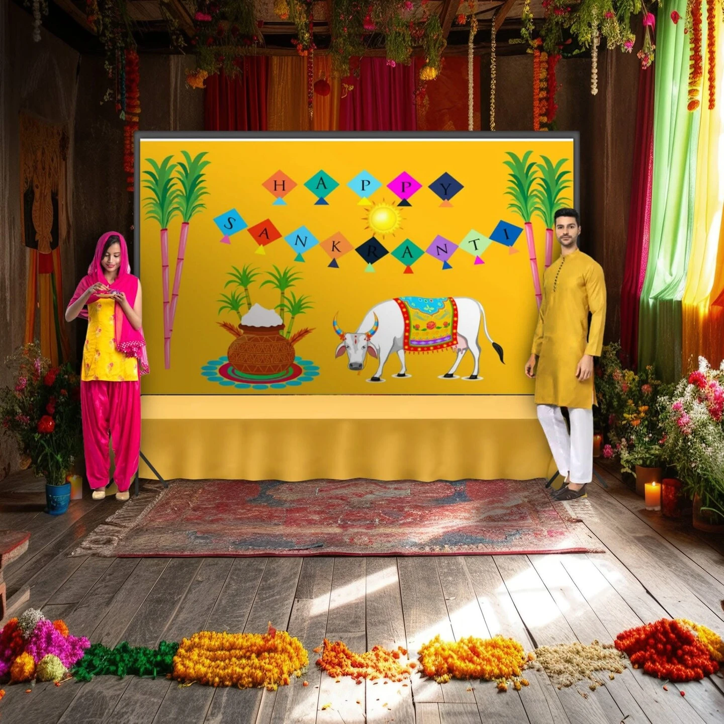 Happy Makar Sankranti Backdrop Banner - Sankranthi Decor Indian Harvest Festival Background Holiday Banner Wall Background Sankranti Party Celebration Decorations Photo Props 15 Happy Makar Sankranti Backdrop Banner - Sankranthi Decor Indian Harvest Festival Background Holiday Banner Wall Background Sankranti Party Celebration Decorations Photo Props - Image 13