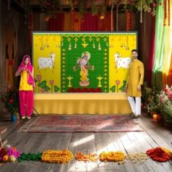 Krishna With Cow Backdrop Indian Traditional Cloth 5x8 Feet Backdrop Pooja Wall Decor Indian Wall Art Photo Decor Banner Indian Janmashtami Decor Decorative Pooja Cloth -Michaels Fabric Sale 345579650152112 1