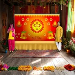 Happy Navratri Banner Indian Traditional Cloth 5x8 Feet Backdrop Indian Navratri Decor Pooja Wall Decor Indian Wall Art Photo Decor Banner Decorative Pooja Cloth Navratri Celebration -Michaels Fabric Sale 345579692750512 2
