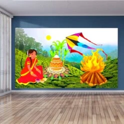 Happy Lohri Backdrop Banner - Indian Traditional Cloth 5x8 Feet Backdrop Pongal Backdrop Makar Sankranti Decor Wall Art Photo Decor Banner Indian Harvesting Festival Bonfire Photography -Michaels Fabric Sale 372750206891696 2