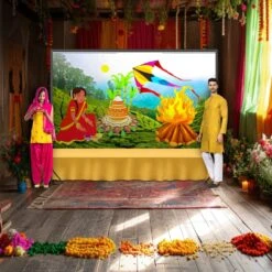 Happy Lohri Backdrop Banner - Indian Traditional Cloth 5x8 Feet Backdrop Pongal Backdrop Makar Sankranti Decor Wall Art Photo Decor Banner Indian Harvesting Festival Bonfire Photography -Michaels Fabric Sale 372751423239856 2