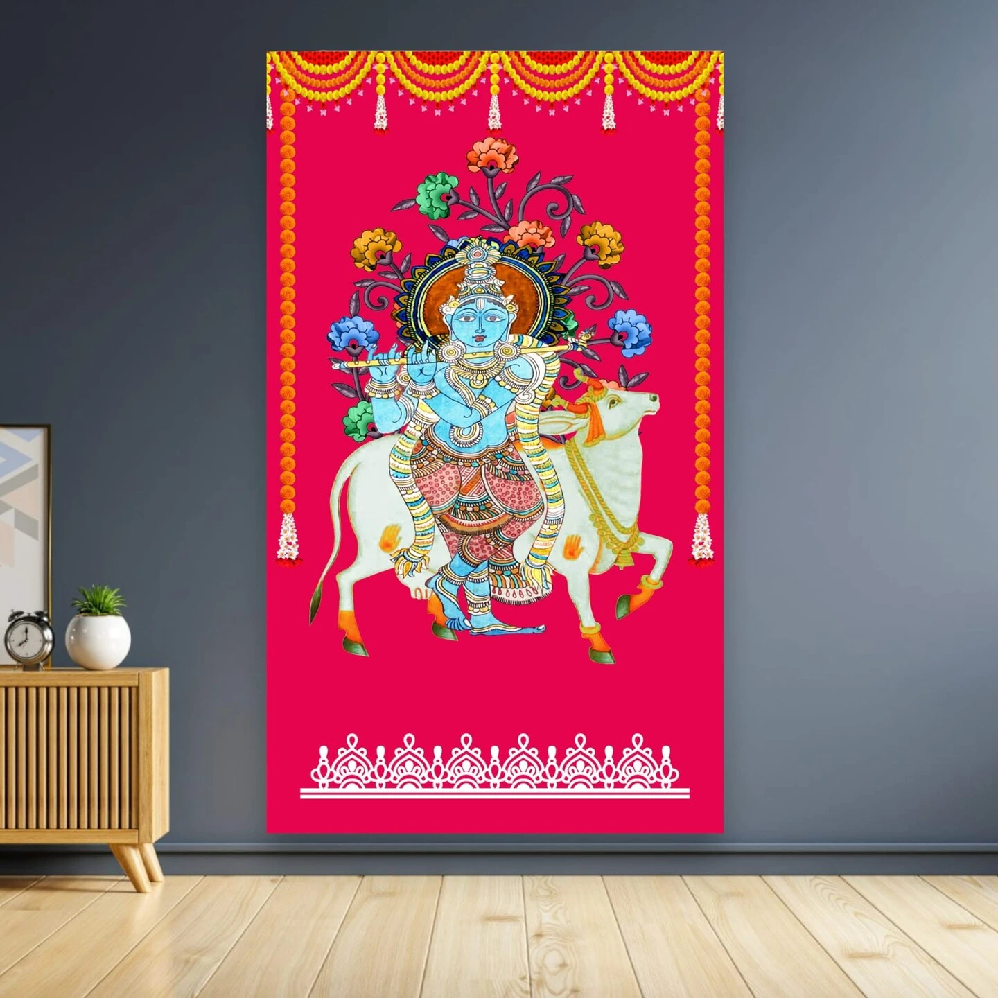 Krishna With Cow Backdrop Indian Traditional Rani Cloth 5x8 Feet Backdrop Pooja Wall Decor Indian Wall Art Photo Decor Banner Indian Wedding Favor Decorative Cloth 19 Krishna With Cow Backdrop Indian Traditional Rani Cloth 5x8 Feet Backdrop Pooja Wall Decor Indian Wall Art Photo Decor Banner Indian Wedding Favor Decorative Cloth - Image 17
