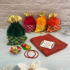 Varalakshmi Vratham Gift Hamper Navaratri Vratha Hindu Religious Teej Karva Chauth Sankranti Pooja Housewarming Return Gifts - Potli Bags Haldi Kumkum Holder Blouse Piece Diya Bindi Bangles -Michaels Fabric Sale 394902230273712 1