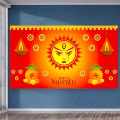 Happy Navratri Banner Indian Traditional Cloth 5x8 Feet Backdrop Indian Navratri Decor Pooja Wall Decor Indian Wall Art Photo Decor Banner Decorative Pooja Cloth Navratri Celebration -Michaels Fabric Sale 526980924831408 2